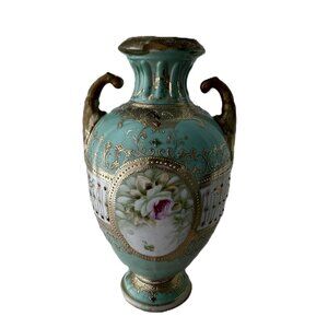 Vintage Nippon Double Handle Hand Painted Flower Vase Urn